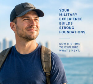 Photo of veteran in front of shoreline with city in background